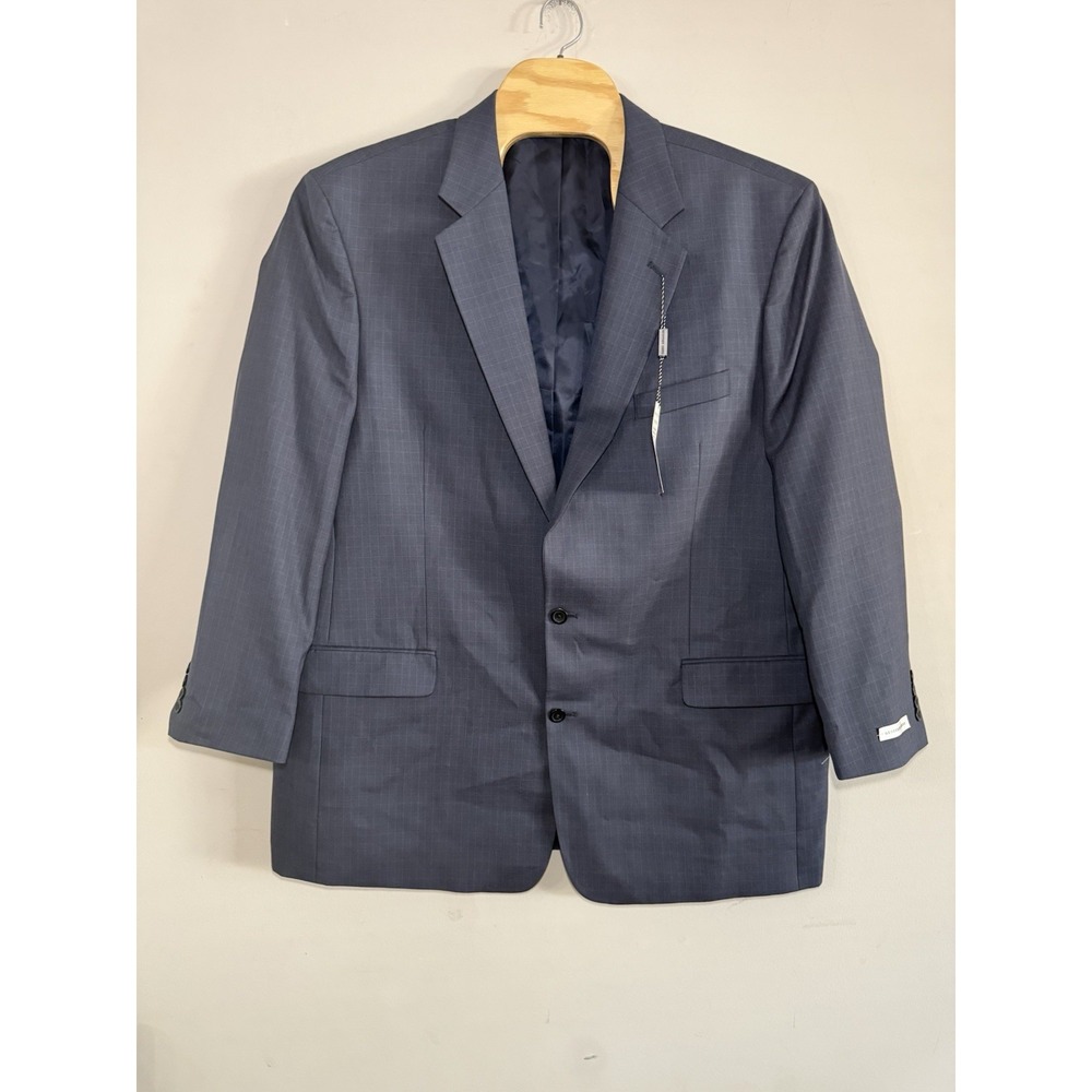 Geoffrey Beene Men 52L Gray W/Blue Check Lines 2 Button Polyester  Blazer Coat